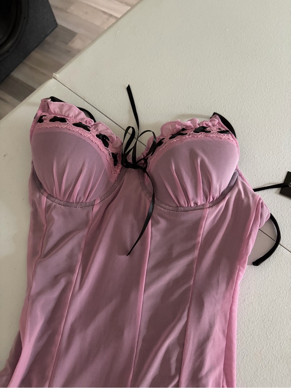 Current Mood Pink Lace-Trim Bustier Chemise with Black Ribbon Accents